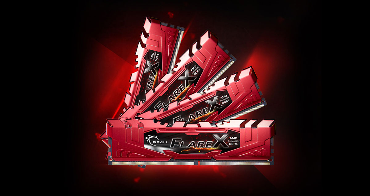  Four Flare X RAMs with red heat spreaders arranged in a sector shape  